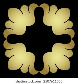 Square geometrical frame with stylized flowers. Abstract decorative element. Folk style. Gold silhouette on black background.