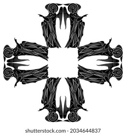 Square geometrical medieval design or frame with Gothic angels. Black and white negative silhouette. Cross shape mandala.