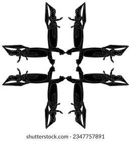 Square geometrical ornament or cross shape frame with medieval women. Black and white silhouette.