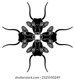 Square geometrical ornament with four horned heads of cow or bull. Ancient Egyptian animal design. Black and white silhouette.