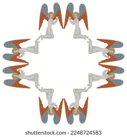 Square geometrical ornament or frame with praying medieval angels. Isolated vector illustration.