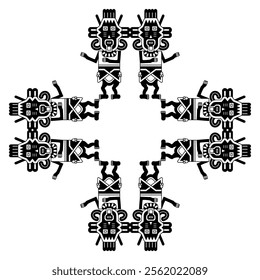 Square geometrical ornament or frame with stylized human figurines from Paracas. Indigenous ethnic Native American design from ancient Peru. Black and white silhouette.