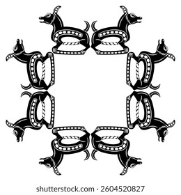 Square geometrical ornament or frame with stylized dogs. Permian animal style. Ethnic folk design from ancient Siberia. Black and white silhouette.