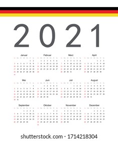 Square German 2021 year vector calendar. Week starts from Sunday.