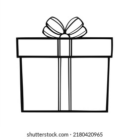 Square gift box with festive ribbon, vector monochrome illustration on white background