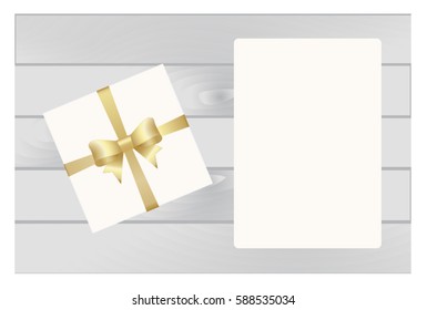  Square Gift Box with Golden   Bow on Wooden Plank Background with  sheet of paper.  Has place for your text. Vector image.