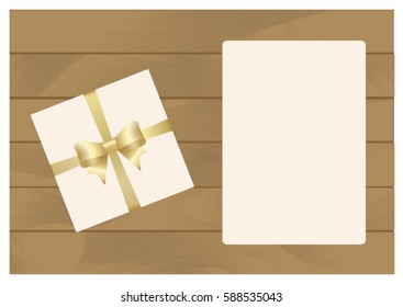  Square Gift Box with Golden   Bow on Wooden Plank Background with  sheet of paper.  Has place for your text. Vector image.