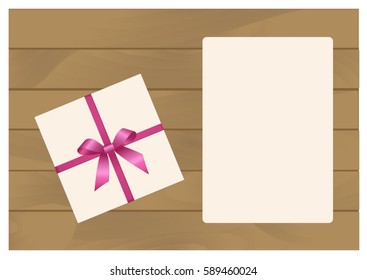  Square Gift Box with Pink Bow and  Sheet of paper Isolated
 on Wooden Plank Background.  Has place for your text. Vector image.