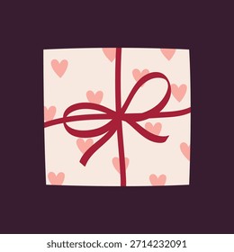 Caja de regalo cuadrada con lazo rojo y corazones rosados, Clipart romántica para el día de San Valentín o celebración