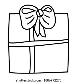 Square gift box with ribbon and beautiful bow doodle style, hand drawn vector illustration