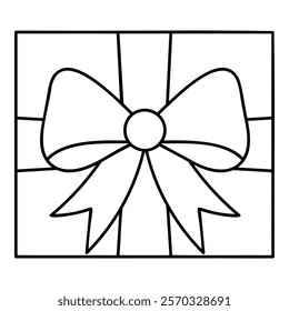 Square gift box with ribbon and big bow black line icon isolated on transparent background