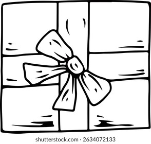 Square gift box with ribbon bow in hand-drawn style