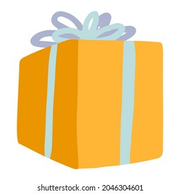 Square gift box with ribbon. Colored cartoon doodle of holiday attribute. Hand drawn vector illustration. Single drawing isolated on white background. Element for design, print, sticker, card, decor.