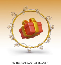 Square gift box, round garland with light bulbs. Winter gifts. Christmas Eve. New Year festive event. Advertising poster. Vector concept on colored background