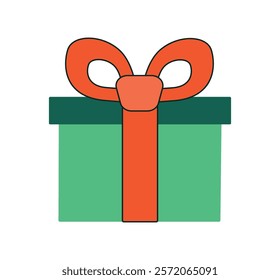 Square Gift Box tied with Bow. Red ribbon with outline and green Present. Surprise for holiday Birthday or Christmas. Cheerful isolated element on white background. Flat style. Vector illustration