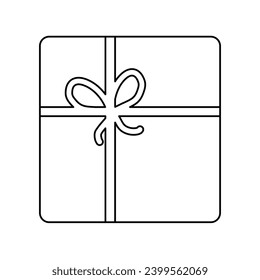 Square gift box wrapped in paper tied with rope, doodle style flat vector outline for coloring book