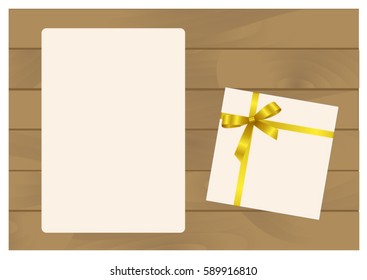 Square Gift Box with Yellow Bow and Sheet of paper Isolated on Wooden Plank Background.  Has place for your text. Vector image.