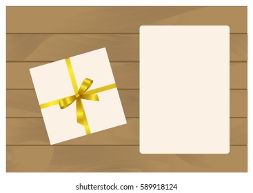Square Gift Box with Yellow Bow and  Sheet of paper Isolated on Wooden Plank Background.  Has place for your text. Vector image.