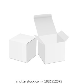 Square gift boxes mockups with open and closed lid, isolated on white background. Vector illustration