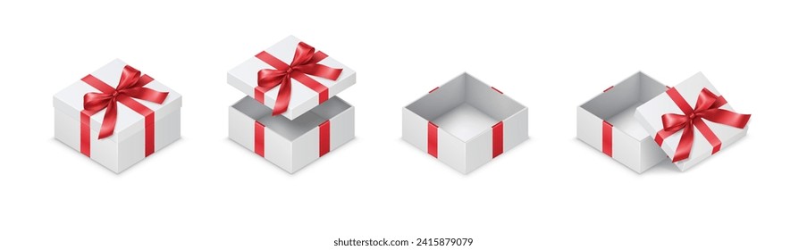 Cajas de regalo cuadradas con colores atados doblan ilustraciones vectoriales realistas. Contenedores vacacionales minimalistas decorados con cintas de elementos 3d sobre blanco