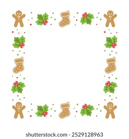 Square Gingerbread Cookies Frame Border, Christmas Winter Holiday Graphics. Homemade sweets pattern, card and social media post template on white background. Isolated vector illustration.