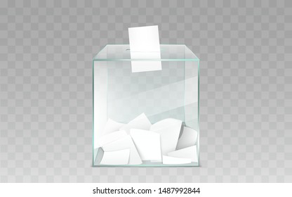 Square glass ballot box filled with blank white ballot paper sheets 3d realistic vector illustration isolated on transparent background. Democratic elections or confidential polling technology element