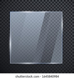 Square glass banner. Glossy frame template with reflection  isolated on transparent background. Vector illustration