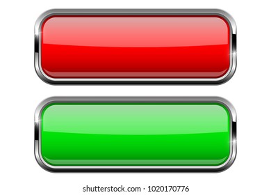 Square glass buttons with chrome frame. Red and green. Vector 3d illustration isolated on white background