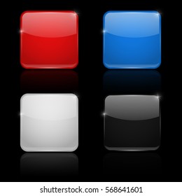 Square glass buttons. Colored set 3d icons. Vector illustration on black background