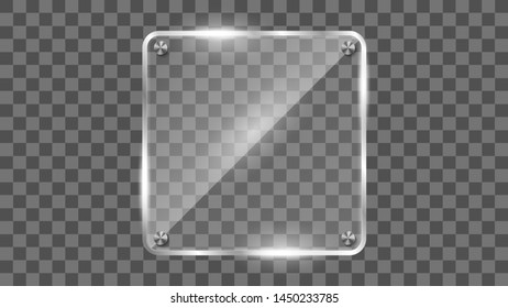 Square glass frame vector. Reflecting glass banner. Gloss square reflection 3d panel texture or clear window on transparent display background vector frame. Eps 10.