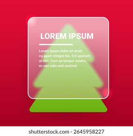 Square glass morphism panel with Christmas tree on red background. Vector New Year element