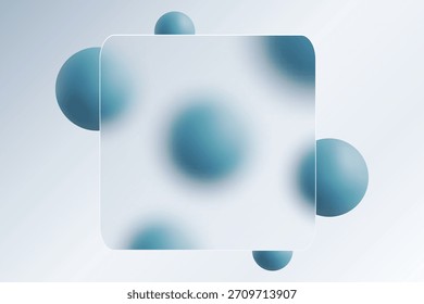 Square glass morphism style frame with blue 3D spheres on a light background. Eps 10