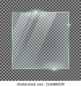 Square glass plate isolated on a transparent background. Vector glass with reflection and lights effects