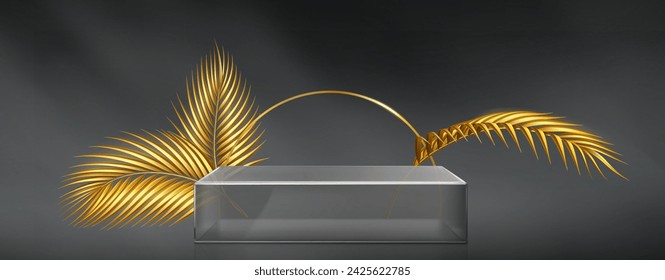 Square glass platform with golden palm leaves on black background. Vector realistic illustration of transparent plastic podium for luxury product presentation, yellow arch decoration, stage mockup