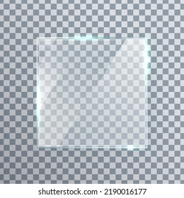 Square Glass Texture. Bright Mirror Panel. Glossy Screen Effect. Plastic Plate Mockup. Digital Frame. Clear Button. Window Tag And Badge. Shiny Framework. Light Rectangle Banner. Vector Illustration.