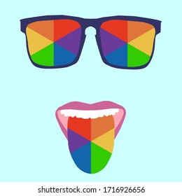 gafas cuadradas en un marco azul con gafas pintadas en colores arcoiris y una boca abierta con una lengua sobresaliente pintada en colores arcoiris sobre un fondo azul. Símbolos LGBT