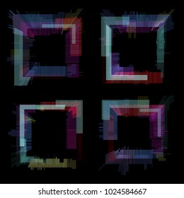 Square Glitch elements set. Digital stroke color abstract design. Video game glitch squares. Glitches collection. Grunge rectangle background shape.