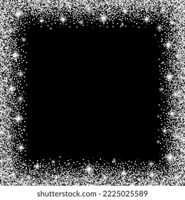 Square glitter silver frame with sparkles. Template for Christmas and New Year design