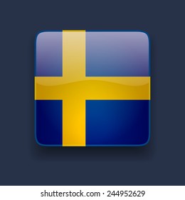 Square glossy high quality icon with national flag of Sweden on dark blue background