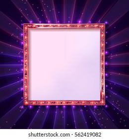 Square glowing frame on dark background in retro style. Vector illustration