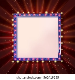 Square glowing frame on dark background in retro style. Vector illustration