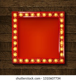 Square glowing frame on on wooden background in retro style. Vector illustration