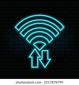 Square glowing Wi-Fi signal icon, waves emanating from the source, glowing neon tubes effect on dark background. Vector illustration eps10
