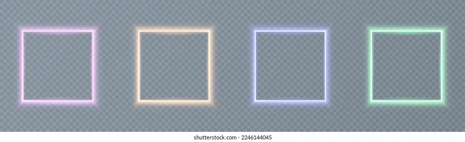 Square gold bright frames with shimmering effects. Glowing technology background. Neon light effect.