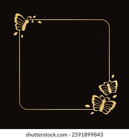 Square gold butterfly frame vector illustration. Abstract golden border for spring summer elegant design elements