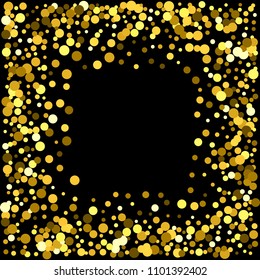 Square gold frame or border with glitter particles effect. Golden dust sparkling texture. Use for banner, greeting and Christmas card, postcard, wedding invitation. Vector illustration.