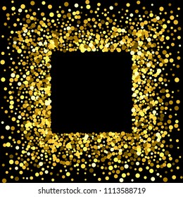 Square gold frame or border with glitter particles effect. Golden dust sparkling texture. Use for banner, greeting and Christmas card, postcard, wedding invitation. Vector illustration.