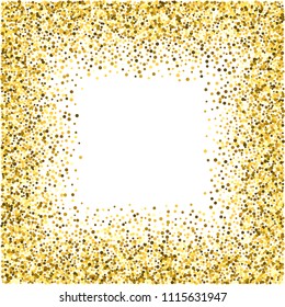 Square gold frame or border with glitter particles effect. Golden dust sparkling texture. Use for banner, greeting and Christmas card, postcard, wedding invitation. Vector illustration.
