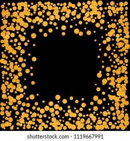 Square gold frame or border with glitter particles effect. Golden dust sparkling texture. Use for banner, greeting and Christmas card, postcard, wedding invitation. Vector illustration.
