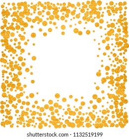 Square gold frame or border with glitter particles effect. Golden dust sparkling texture. Use for banner, greeting and Christmas card, postcard, wedding invitation. Vector illustration.